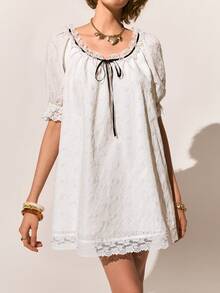 Poéselle 女士镂空刺绣前系带休闲迷你连衣裙 - 白色 - 查看 6