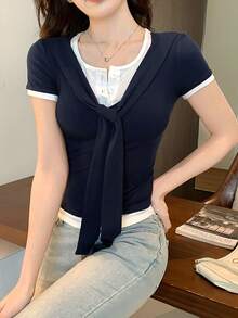 DAZY 女士夏季圆领拼接修身短袖休闲T恤 - 藏蓝色 - 查看 3