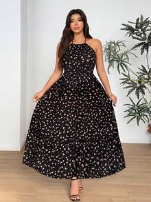 Vionelle Đầm cổ yếm họa tiết hoa nhí dáng rộng dành cho nữ cỡ lớn - Nhiều màu - Xem 3