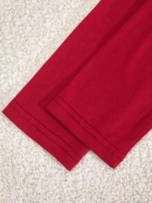 少女休闲通勤时尚运动风刺绣撞色V领褶皱修身T恤搭配抽绳阔腿裤套装，春秋季 - 酒紅色 - 查看 11