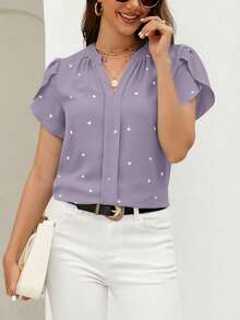 SHEIN Clasi 春季爱心印花花瓣袖V领夏季沙滩女式衬衫 - 淺灰紫 - 查看 1