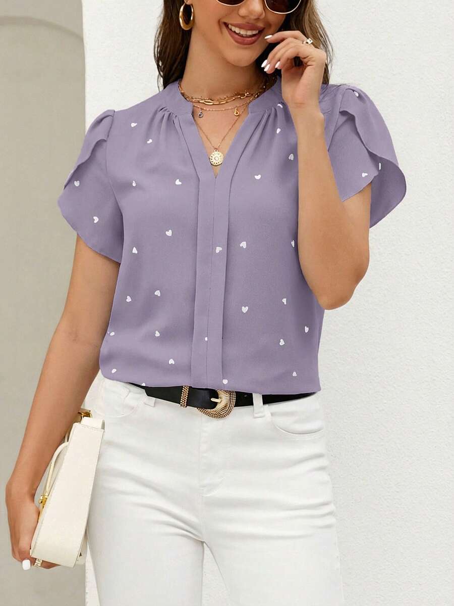 SHEIN Clasi 春季爱心印花花瓣袖V领夏季沙滩女式衬衫 - 淺灰紫 - 查看 1
