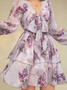 DAZY 法式粉色碎花V领长袖连衣裙，系带雪纺A字迷你裙，春季吊带裙 - 杏色 - 查看 2