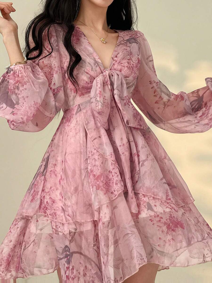 DAZY Đầm dài tay cổ chữ V màu hồng họa tiết hoa kiểu Pháp, chân váy mini chữ A bằng chiffon thắt eo, đầm hè mùa xuân. - Hồng - Xem 1