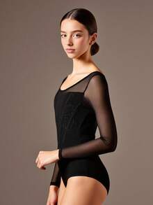 Teen Girls' Black Minimalist High Stretch Fabric Leotard With Rose Embroidery & Mesh Splice, Suitable For School, Professional Training, Ballet, Gymnastics, Dance Studio Practice