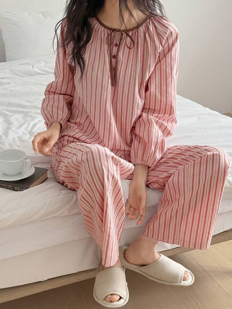 Striped Ruched Tie Neck Lantern Sleeve Loose Women Pajama Set