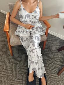 DAZY Animal Silhouette Print Camisole Top And Loose Pajama Pants Women Sleepwear Set - White - View 5