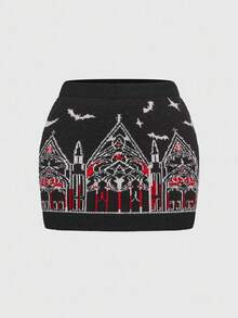 ROMWE Gothic Castle & Church Pattern Mini Bodycon Skirt For Plus Size Women - Black - View 9