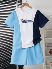 Vacaura 2pcs/Set Tween Boys' Blue, White & Navy Patchwork T-Shirt Paired With Blue Shorts, Soft & Comfortable Fabric, Suitable For Summer Outings, Photoshoots, School, And Various Occasions - Multicolor - View 4