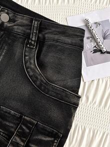 Attitoon Y2K Grunge Concert Cowboy Denim Cargo Skirt - Black - View 4