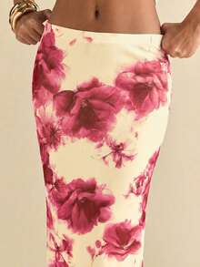 SHEIN BAE 女士印花网纱中长裙，夏季 - 紅色 - 查看 4