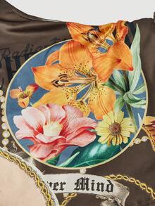 SHEIN MOD 不对称肩部复古图案扭结前襟上衣 - 棕色 - 查看 4