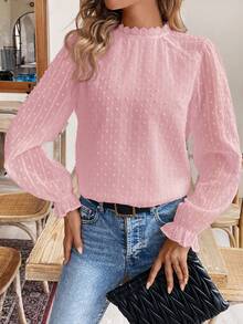SHEIN Frenchy 女士时尚优雅波点立领长袖衬衫 - 淺粉色 - 查看 6
