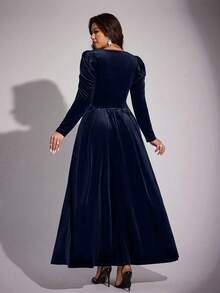 Viva Relle Plus Size Solid Color Sweetheart Neck Draped Elegant Long Sleeve Dress - Royal Blue - View 6