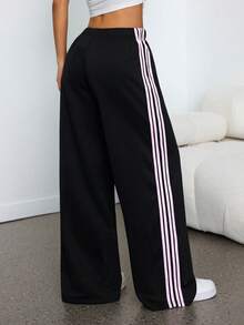 SHEIN PETITE 黑色针织阔腿裤，女士休闲运动裤，侧边饰有粉色条纹 - 黑色 - 查看 2