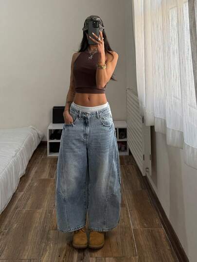 StreetHx Women's Solid Color Slant Pocket Casual Versatile Wide Leg Jeans