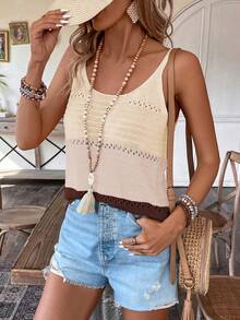 Breezaya Women's Vacation Contrast Color Hollow Out Casual Knit Camisole - Multicolor - View 4