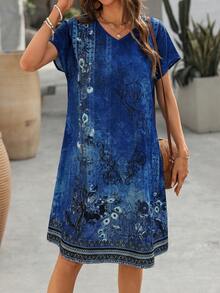 EMERY ROSE Đầm ngắn tay mùa hè cho nữ với họa tiết hình học, đầm hè phong cách boho, đầm thường ngày ngắn tay mùa hè cho nữ, đầm thường ngày cho nữ. - Màu xanh lam - Xem 3