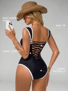 Shapewave 女士黑白海星印花连体泳衣，聚拢提臀，收腹提臀，交叉露背设计，适合海滩度假派对 - 黑與白 - 查看 2