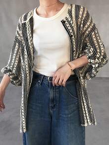 FRIFUL Women's Round Neck Open Front Textured Fabric Jacket - Beige - View 7
