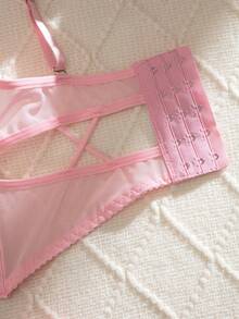 2件套女士性感薄纱花卉刺绣网纱蝴蝶结装饰内衣套装 - 粉色 - 查看 7