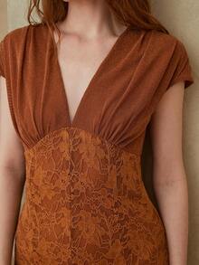 MOTF PREMIUM WOMEN'S ELASTIC KNIT FABRIC CONTRAST LACE ELEGANT DRESS, SPRING/SUMMER - Brown - View 6