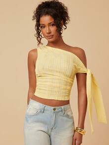 Travachic Women's Fashion Asymmetric-Shoulder Knit Cropped Top, Summer - Yellow - View 5
