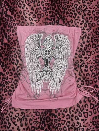 Noixe Women's Casual Wing & Cross Print Side Drawstring Tube Top, Summer