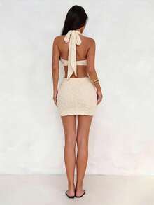 Aloruh Women's Spring/Summer Vacation Wrap Asymmetric Flowy Textured Fabric Bodycon Mini Dress - Apricot - View 3