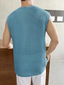 SWAVVY Men's Solid Color Crew Neck Sleeveless Waffle Knit Tank Top,Casual Breathable Mesh Loungewear Shirt,Blue Summer Top For Men - Blue - View 2