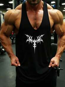 Manfinity Sport PWRUP 男士撞色印花背心，运动上衣，舒适透气宽松版型，适合健身房运动穿着。 - 黑色 - 查看 3