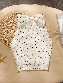 Franclia 夏季休闲优雅通勤露背波点纹理面料衬衫，女式衬衫 - 杏色 - 查看 2