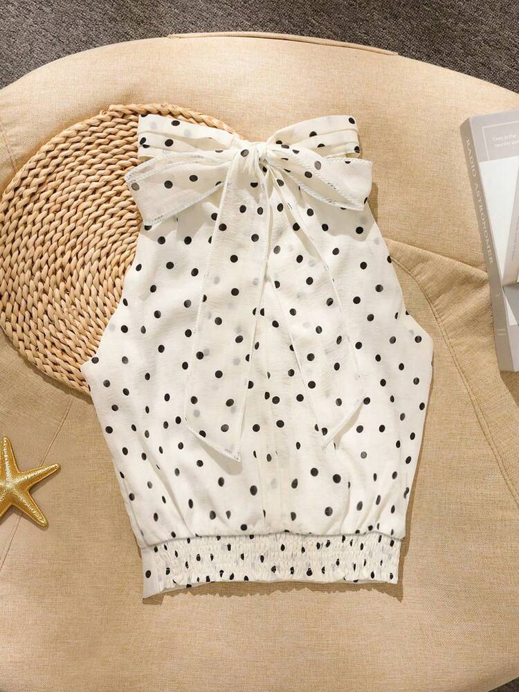 Trelyra Blusa de tela texturizada con estampado de lunares, de corte holgado y elegante, con cuello halter y lazo, para uso casual y de oficina, para mujer - Albaricoque - Añade 2