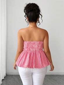 Elenzga Plus Size Women's Summer New Sexy Floral Gingham Bustier Crop Top With Ruched Waist And Flared Hem, Suitable For Daily Wear, Dates, Vacation, Beach, Music Festivals - Watermelon Pink - View 4