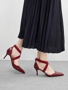 CUCCOO BIZCHIC Sapato de salto alto minimalista, de cor sólida, com bico fino, para uso casual ou no escritório. - Borgonha - Ver 1