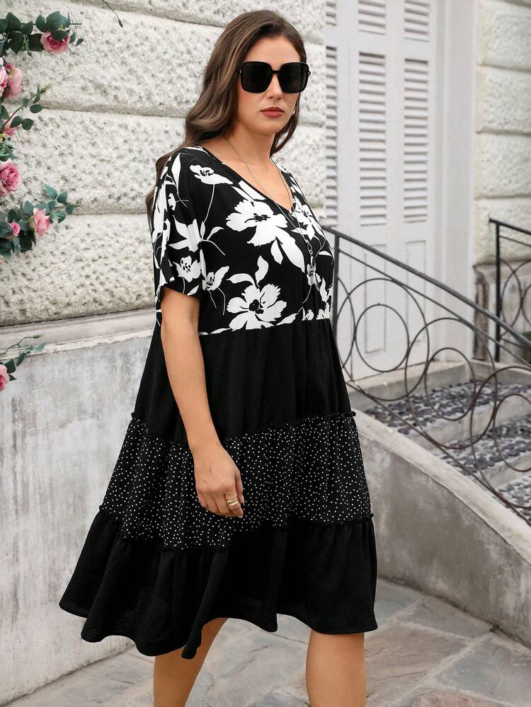 Plus Size Women Floral Print V-Neck Short Sleeve Patchwork Vacation Dress/Summer, Black And White Dress Plus Size Black And White Dress Summer Elegant Dress Black And White Dress Women