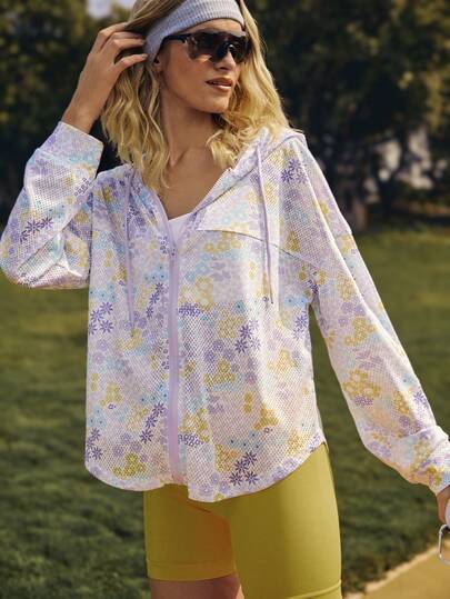 Medorelle 女士常规款长袖连帽抽绳拉链开衫，运动数码印花