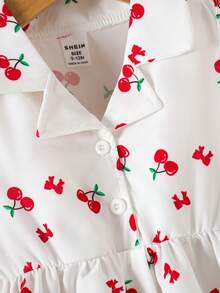 SHEIN Vintaside Kids 女婴/女宝宝甜美公主连衣裙，樱桃蝴蝶结印花，无袖翻领松紧腰休闲连衣裙，适合夏季日常穿着 - 白色 - 查看 4