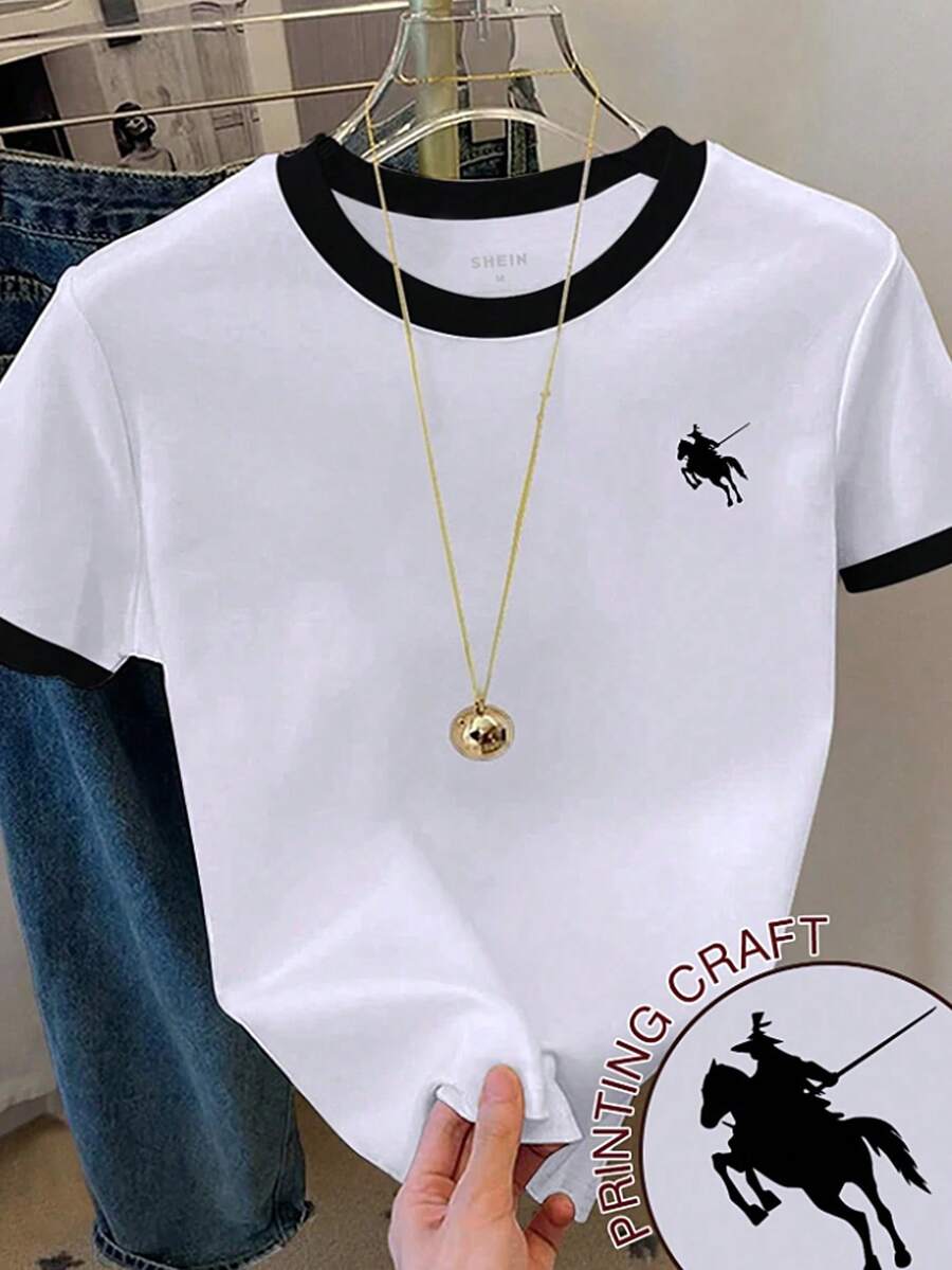 Tween Girls' Casual Fashion Minimalist Classic Equestrian Rider Logo Contrast Trim Short Sleeve Round Neck T-Shirt, Suitable For Outdoor Wear In Summer - Multicolor - View 1