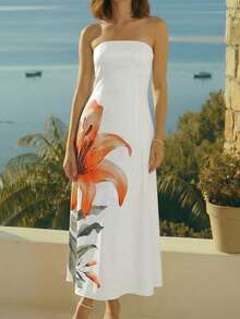 CAJUNI 女士夏季度假大橙色百合花印花优雅长裙 - 奶油色 - 查看 5