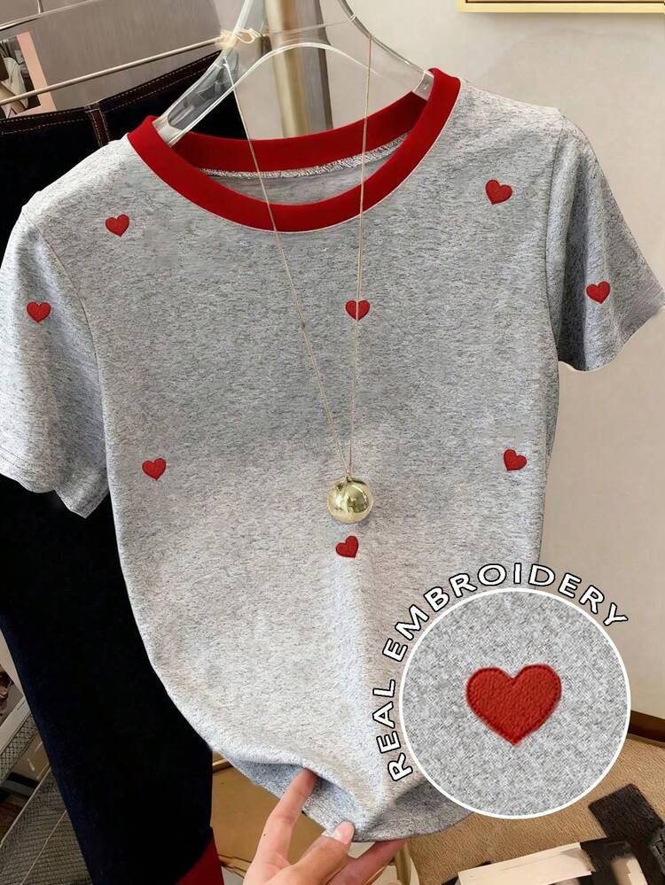 Resyla Embroidered Heart Women's Crew Neck Fitted Short Sleeve T-Shirt - Grey - View 1