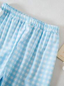 Young Girl Vintage Blue Plaid Short Sleeve Top And Pants 2-Piece Casual Pajama Set, Crew Neck With Ruffle Bow Decor, Fashionable And Versatile For Spring/Summer - Blue - View 5