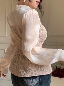 DAZY 春夏优雅二合一粉色长袖衬衫，适合办公室、通勤、婚礼、休闲场合 - 白色 - 查看 8