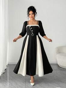 SHEIN Elenzya Vestido elegante de mujer talla grande con cuello cuadrado, mangas farol y diseño de botones en contraste de color - Negro - Ver 5