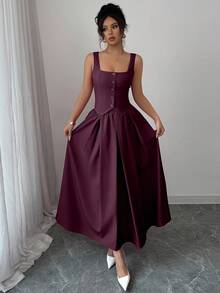 Rafferiza Conjunto de 2 piezas de mujer con chaleco sin mangas de cuello cuadrado de un solo botonadura y falda plisada acampanada, versátil para uso diario - Rojo violeta - Ver 4