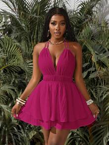 Slaydiva 新款春夏休闲度假双肩带露背吊带连体裤，露背设计，多层下摆，宽松阔腿短裤，白色海浪条纹编织面料女式连体裤-A - 玫紅色 - 查看 6