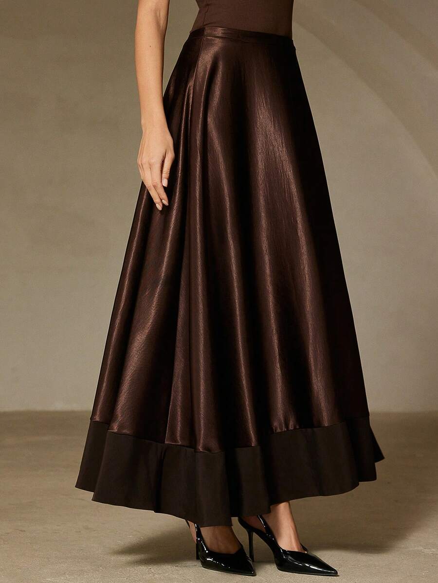 Aveloria Rosie Chân váy công sở tối giản thanh lịch dành cho nữ, chất liệu mềm mại như satin sang trọng và thiết kế cạp rộng phối màu độc đáo. - màu nâu - Xem 1