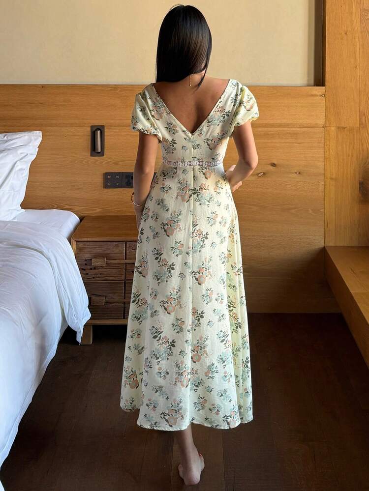 Romantic Floral All-Over Print Princess Sleeve Chest Ruched Waist Lace Patchwork Long Women Nightgown