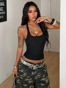 Coolane Women's Spring/Summer Streetwear Y2K Basic Daily Wear Going Out Casual Lace Patchwork Stretchy Crop Tube Top - Black - View 4