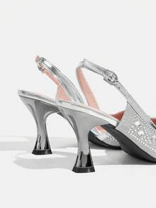 CUCCOO TILAWA Stylish Silver Glitter Drill-Embellished High-Heel Pointed-Toe Back-Strap Pumps For Women (Spring & Autumn) Valentine's Day - Silver - View 4